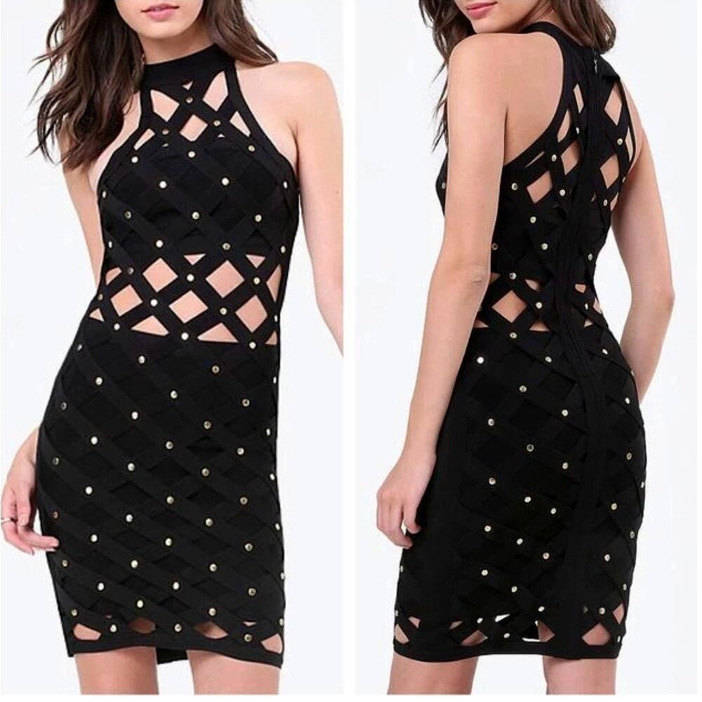 NEW! Bebe S Crisscross Studded Bandage Carmen Dress Bodycon Stretch Sexy Black